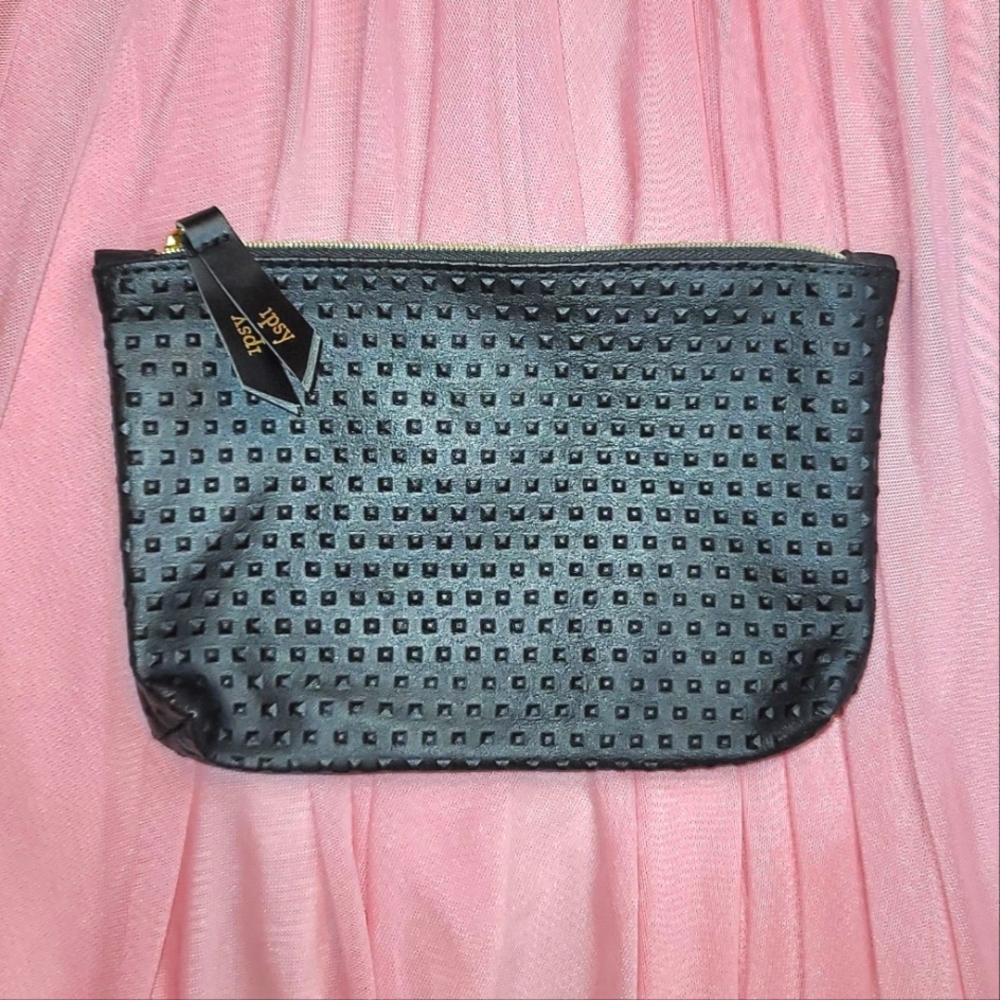 NEW Ipsy makeup bag; black textured vinyl; gold accents; royal blue lining